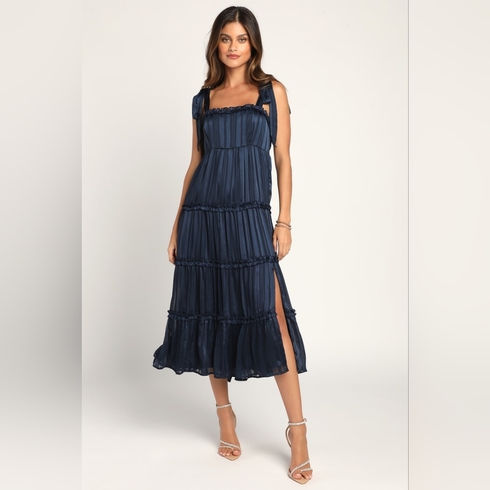 Lulus Day for Romance Navy Blue Tie-Strap Tiered Midi Dress size S